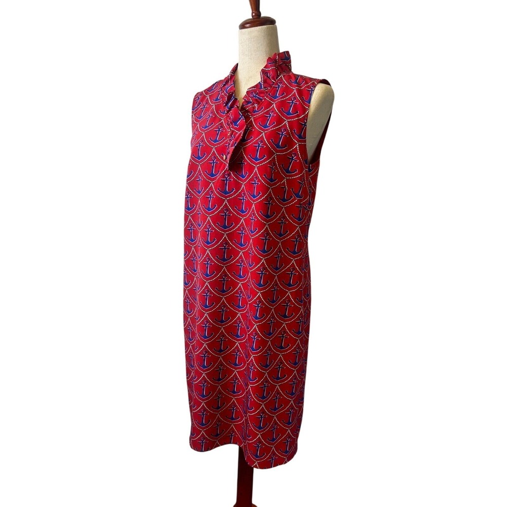 Talbots Anchor Nautical Dress Women's Size 8 Ruffle Neck Shift Red Blue White